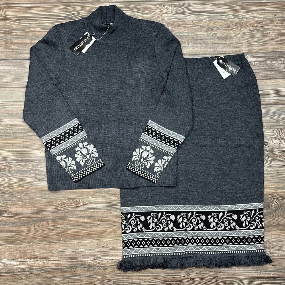 Nina Leonard Grey Charcoal Mock Neck Sweater and Skirt Set SZ L C102068